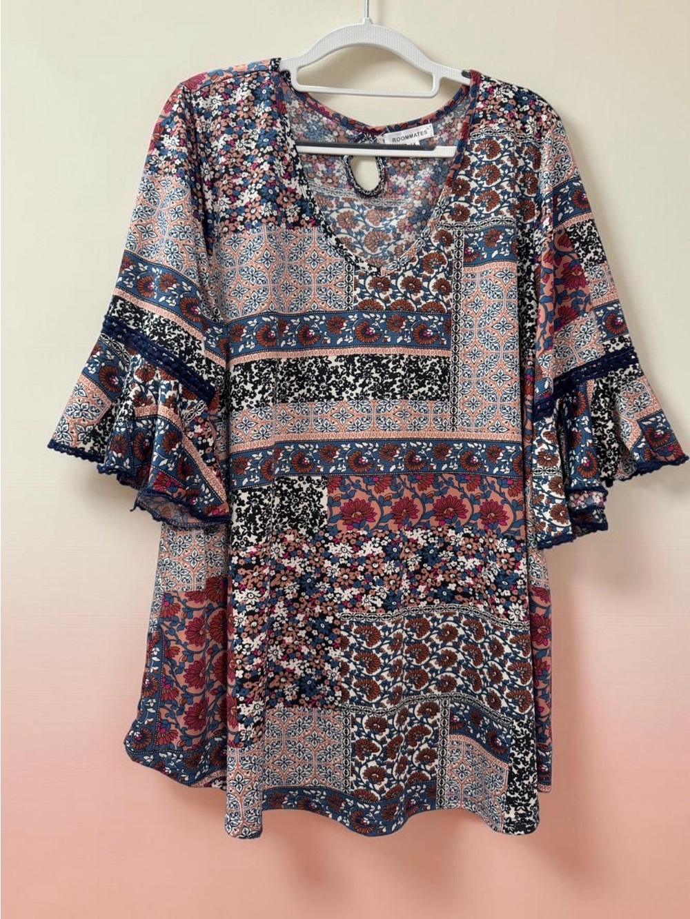 ROOMMATES Navy and Pink Patchwork Floral Mid Sleeve Tunic